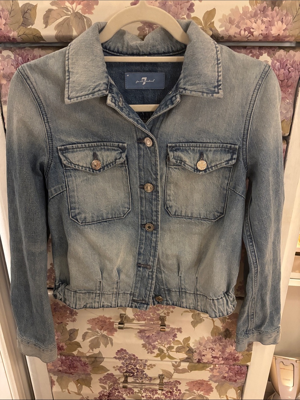 7 For All Mankind Light Blue Denim Jacket w Flap Chest Pockets and Cinched Waist